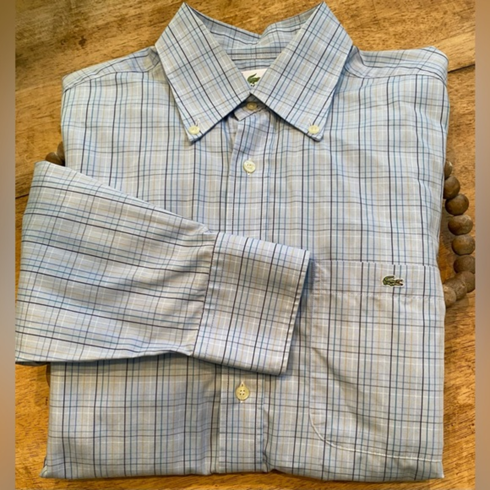 Lacoste Men’s Euro 40/US Medium‎ Blue Plaid 100% Cotton Button Down